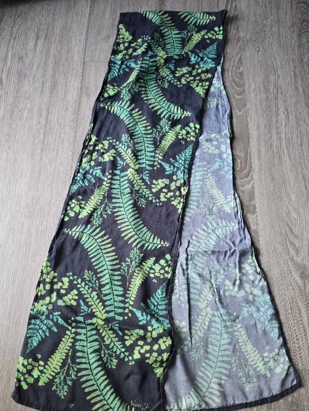 Nina J Designs Fern Botanical Print Scarf Cotton Green Black Long Wearable Art